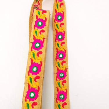 Beige Floral Mirrored Trim With Fuchsia Pink Flowers And Yellow Paisley Embroidery, Decorative Trimming, Trim By 3 Yards